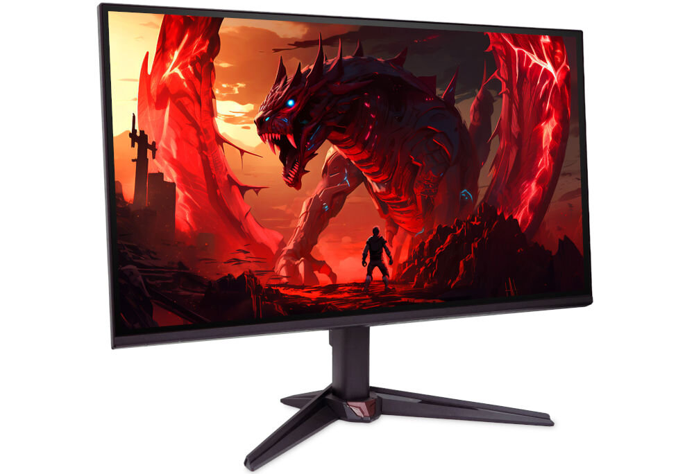 Monitor ACER Nitro VG240YP6BMIPX 23.8 cala 1920x1080px IPS 144Hz 1 ms [VRB] prezentacja monitora od przodu na białym tle pod kątem wymiary komfort stabilność
