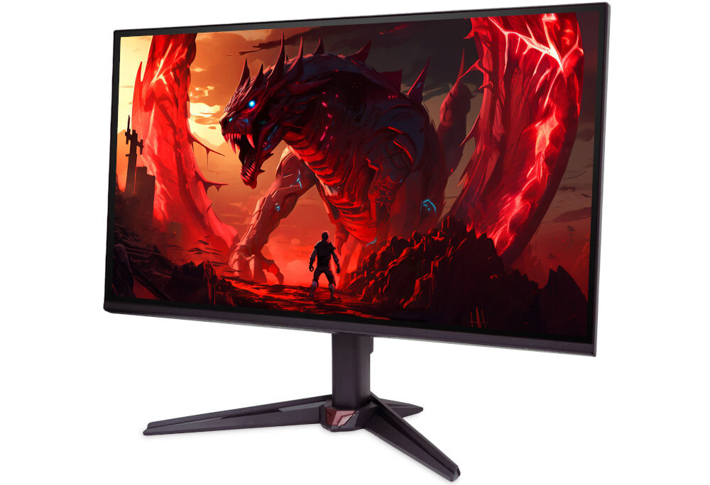Monitor ACER Nitro VG240YP6BMIPX 23.8 cala 1920x1080px IPS 144Hz 1 ms [VRB] prezentacja monitora od przodu pod kątem na białym tle sRGB 99% realistyczne intensywne kolory immersja przyjemny dla oka obraz