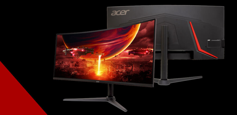 Monitor ACER Nitro ED340CUJ0BMIIPX 34 cale 3440x1440px 120Hz 1 [VRB] Curved prezentacja monitora od przodu i tyłu na czarnym tle czerwony pasek po lewej stronie na dole