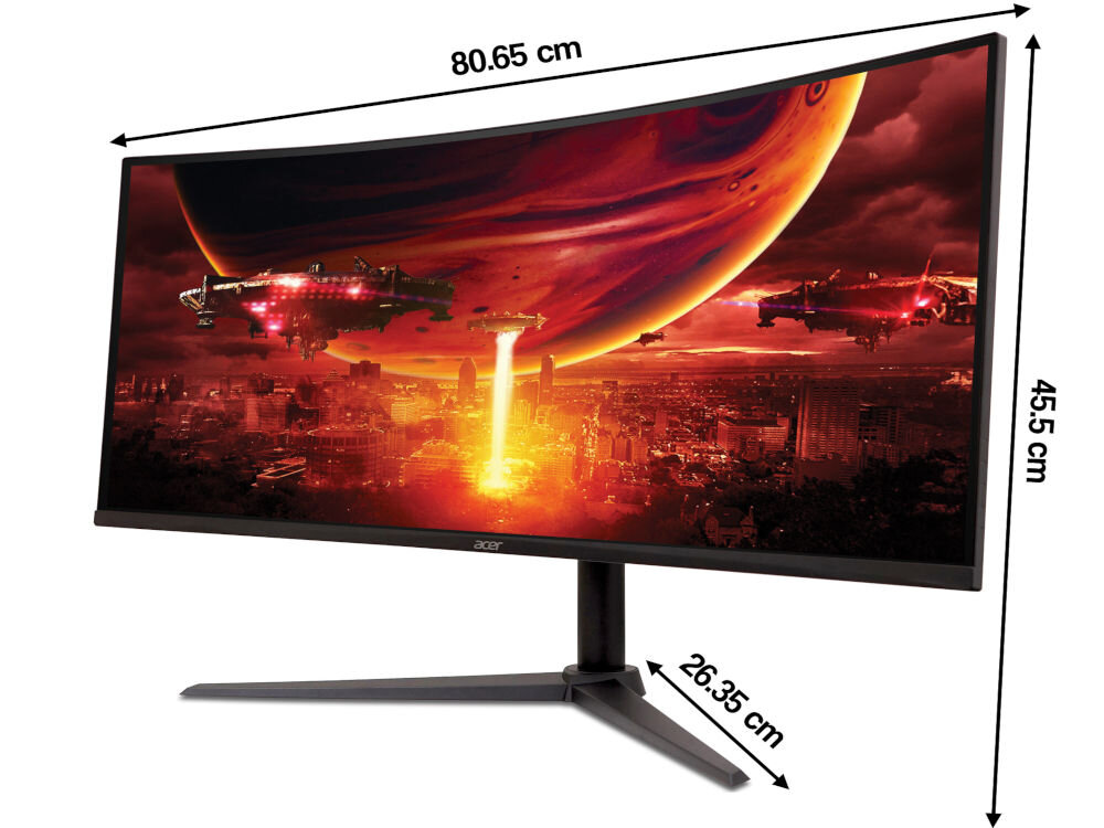 Monitor ACER Nitro ED340CUJ0BMIIPX 34 cale 3440x1440px 120Hz 1 [VRB] Curved prezentacja monitora na białym tle od przodu z wymiarami elegancki design stabilność podstawa stabilność