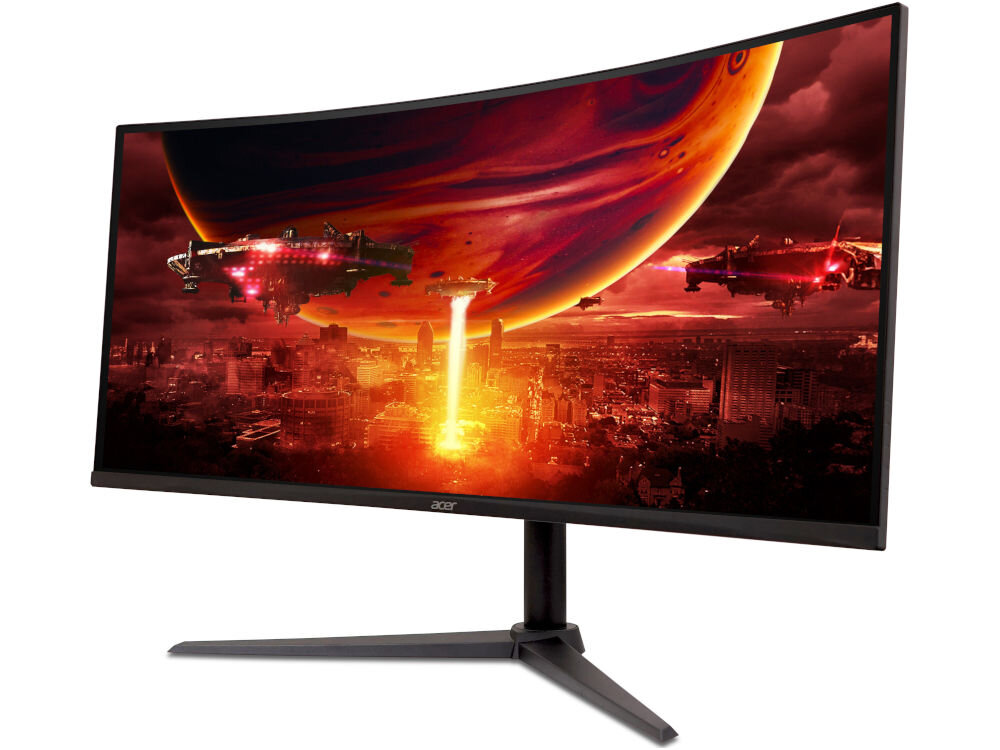 Monitor ACER Nitro ED340CUJ0BMIIPX 34 cale 3440x1440px 120Hz 1 [VRB] Curved prezentacja monitora od przodu pod kątem na białym tle 99% palety sRGB realistyczne intensywne kolory immersja przyjemny dla oka obraz