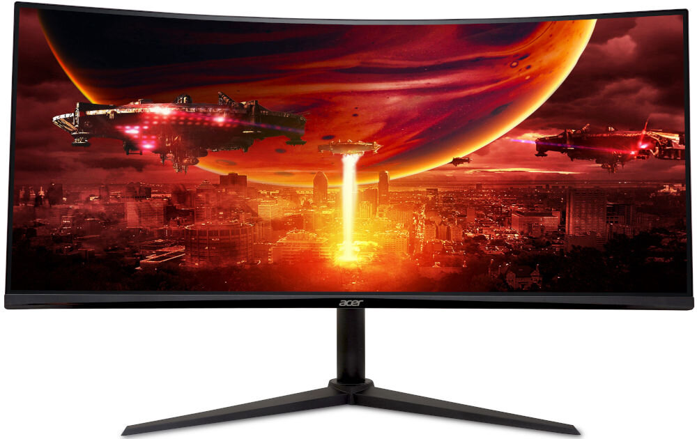 Monitor ACER Nitro ED340CUJ0BMIIPX 34 cale 3440x1440px 120Hz 1 [VRB] Curved prezentacja monitora od przodu na białym tle dwa głośniki 2W bez potrzeby podłączania dodatkowego sprzętu audio