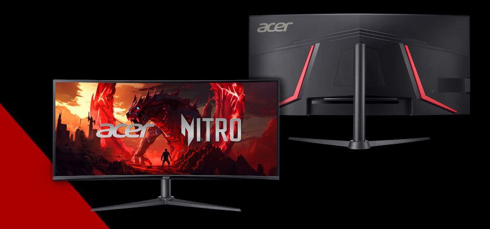 Monitor ACER XZ340CUJ0BMIIPHX 34 cale 3440x1440px 120Hz 1 [VRB] Curved prezentacja monitora od przodu i tyłu na czarnym tle czerwony pasek po lewej stronie na dole