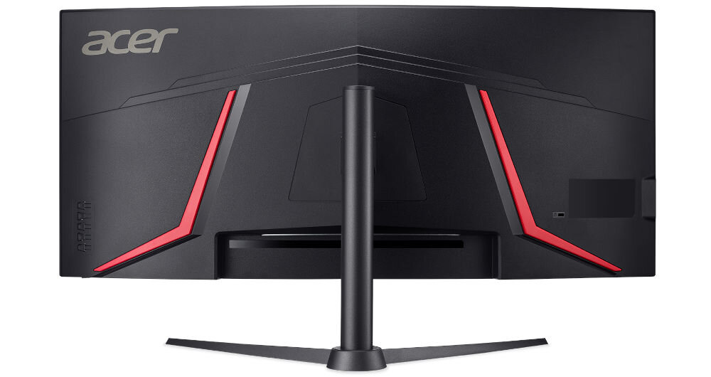 Monitor ACER XZ340CUJ0BMIIPHX 34 cale 3440x1440px 120Hz 1 [VRB] Curved prezentacja monitora od tyłu na białym tle VESA 100 mm łatwe stabilne przymocowanie oszczędność miejsca uchwyt biurkowy VESA zwiększa powierzchnię roboczą dopasowanie ustawienia ekranu organizacja pracy