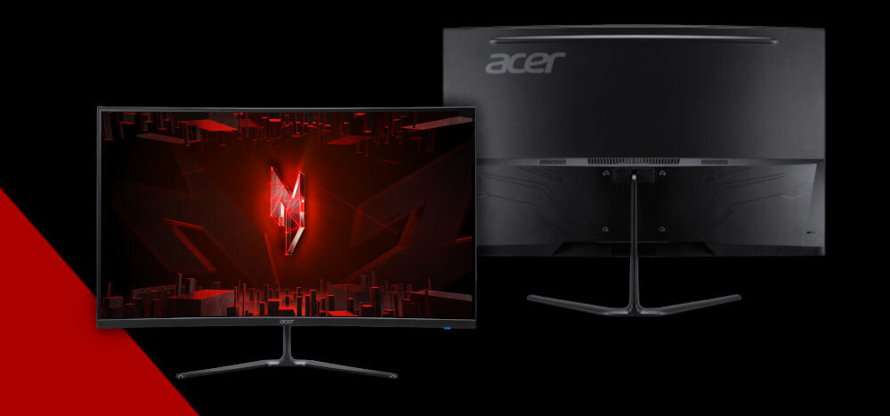 Monitor ACER Nitro ED320QUS3BMIIPX 31.5 cala 2560x1440px 180Hz 1 ms [VRB] Curved prezentacja monitora od przodu i tyłu na czarnym tle czerwony pasek po lewej stronie na dole