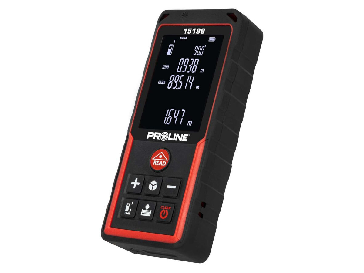 Dalmierz laserowy PROLINE 15198 70m, odległość, dokładność, pomiar, pojedynczego, na białym tle dalmierz pionowo lekki przechył frontem prawo skos