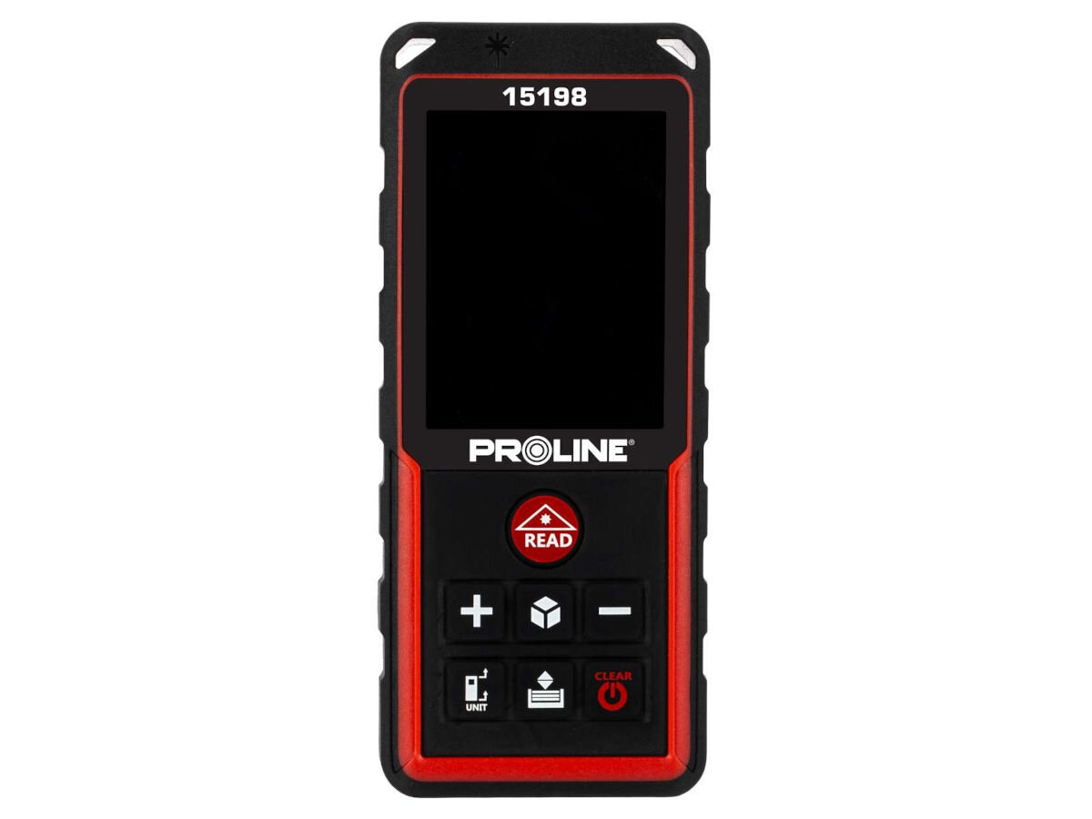 Dalmierz laserowy PROLINE 15198 70m, moc, zakres, długość, IP54, na białym tle dalmierz frontem na wprost