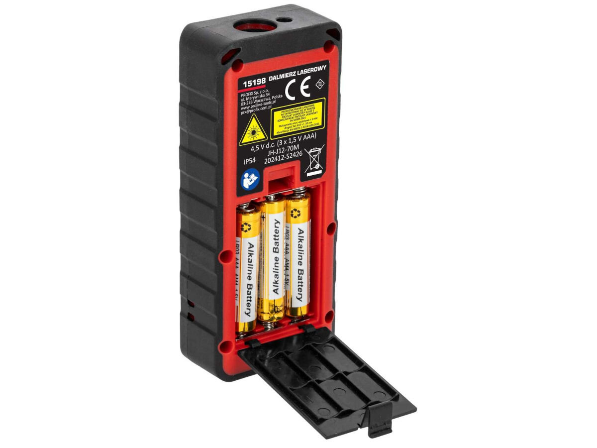 Dalmierz laserowy PROLINE 15198 70m, wygoda, zapisywanie, baterie, AAA, na białym tle dalmierz od tyłu z otwartą klapką na baterie frontem lewo skos
