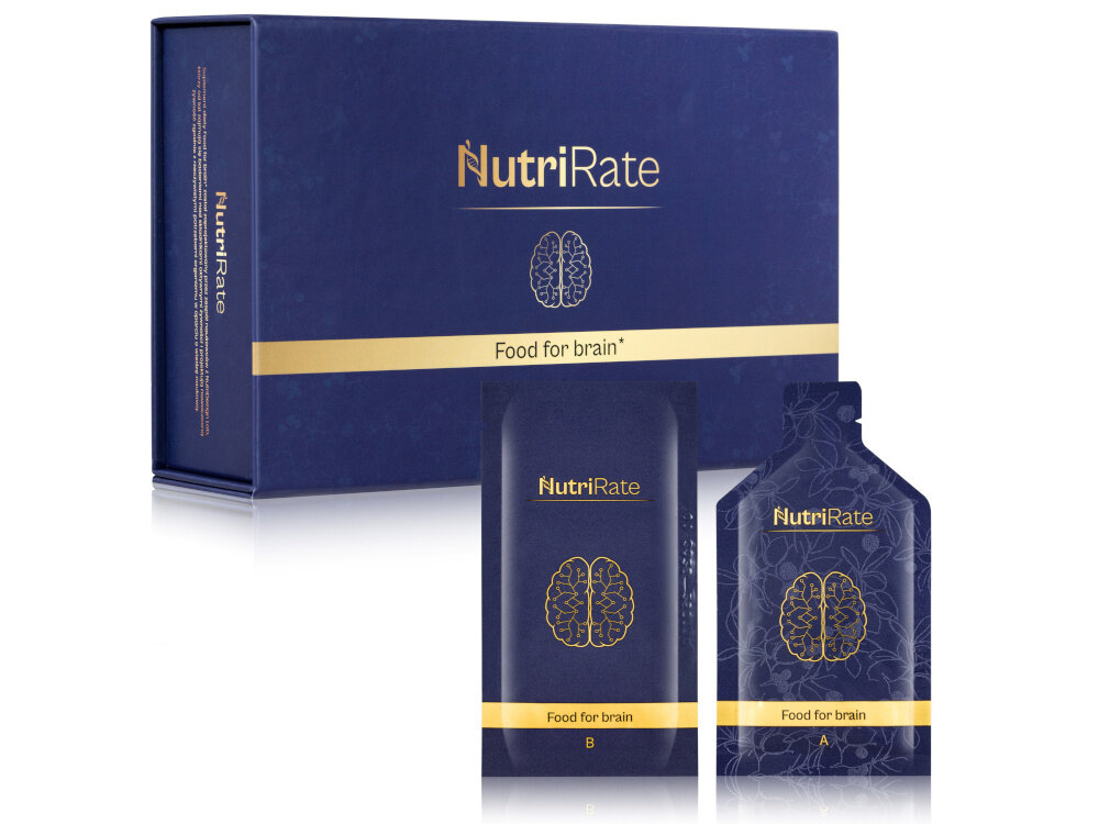Suplement diety NUTRIRATE FoodforBrain 2 x 30 saszetek pudełko i dwie saszetki na białym tle połączenie antocyjanów 69 mg błonnika i witaminy C wspiera procesy poznawcze i pomaga utrzymać sprawność umysłową sprzyja lepszemu zapamiętywaniu, szybszej analizie informacji odporności na stres