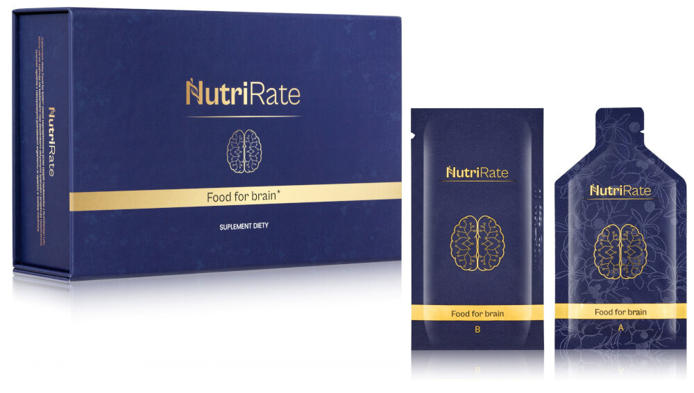 Suplement diety NUTRIRATE FoodforBrain 2 x 30 saszetek pudełko i dwie saszetki na białym tle wspiera układ nerwowy procesy poznawcze i równowagę psychiczną praktyczna forma saszetek naturalne składniki błonnik i polifenole ekstrakt z owoców aceroli – 240 mg źródło naturalnej witaminy C