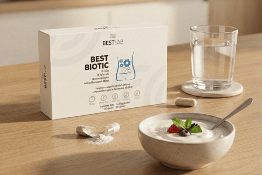 Probiotyk BESTLAB BestBiotic (30 kapsułek) drewniany blat opakowanie na stole obok szklanka miska z jogurtem komfort trawienny wsparcie mikrobioty