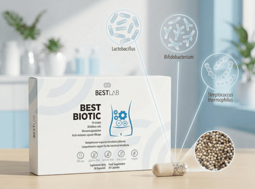 Probiotyk BESTLAB BestBiotic (30 kapsułek) jasne tło opakowanie z kapsułkami szczepy z rodzajów Lactobacillus, Bifidobacterium oraz Streptococcus thermophilus oznaczenie numeryczne i katalogowe Lactobacillus rhamnosus GG układu odpornościowego Lactobacillus plantarum LP01 do ograniczenia dyskomfortu żołądkowo-jelitowego Streptococcus thermophilus ST10 trawienie laktozy