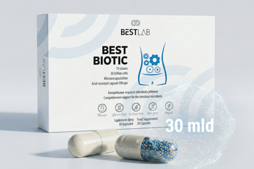 Probiotyk BESTLAB BestBiotic (30 kapsułek) opakowanie z kapsułkami 30 miliardów aktywnych jednostek fluorescencyjnych (AJF) organizm otrzymuje odpowiednią dawkę kultur probiotycznych odpowiada potrzebom jelit i żołądka w zakresie utrzymania równowagi mikroflory łagodzenia dyskomfortu trawiennego wsparcia dobrego samopoczucia