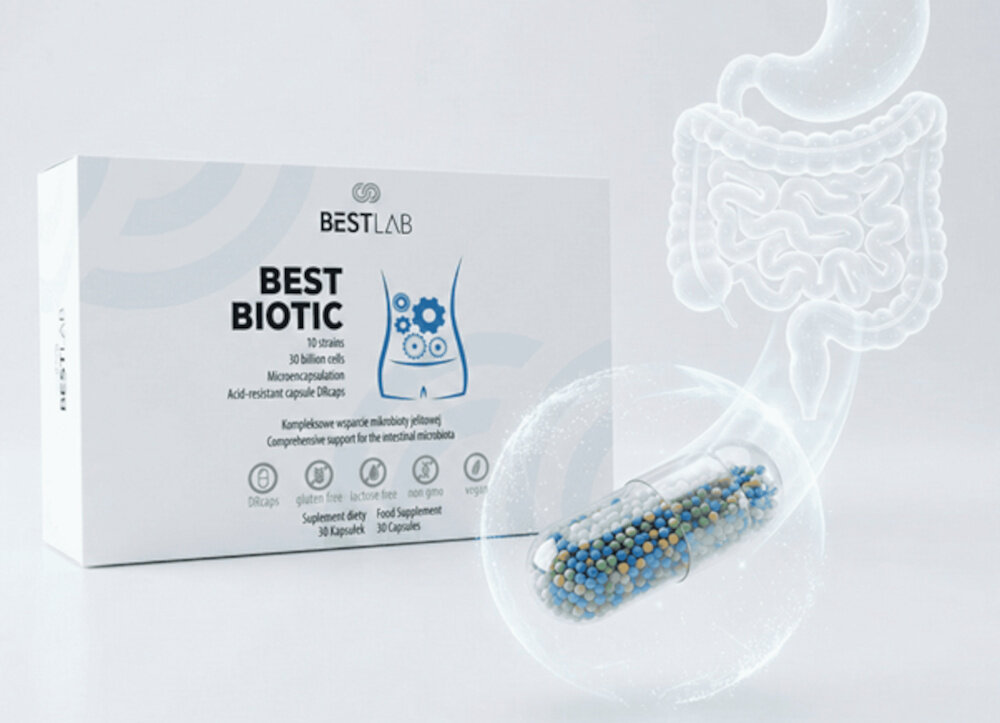 Probiotyk BESTLAB BestBiotic (30 kapsułek) opakowanie z kapsułkami technologii DR Caps matrycy hydroksypropylometylocelulozy (HPMC) HPMC chroni zawartość kapsułki przed działaniem soku żołądkowego i enzymów aktywne kultury bakteryjne mogą dotrzeć tam, gdzie są potrzebne