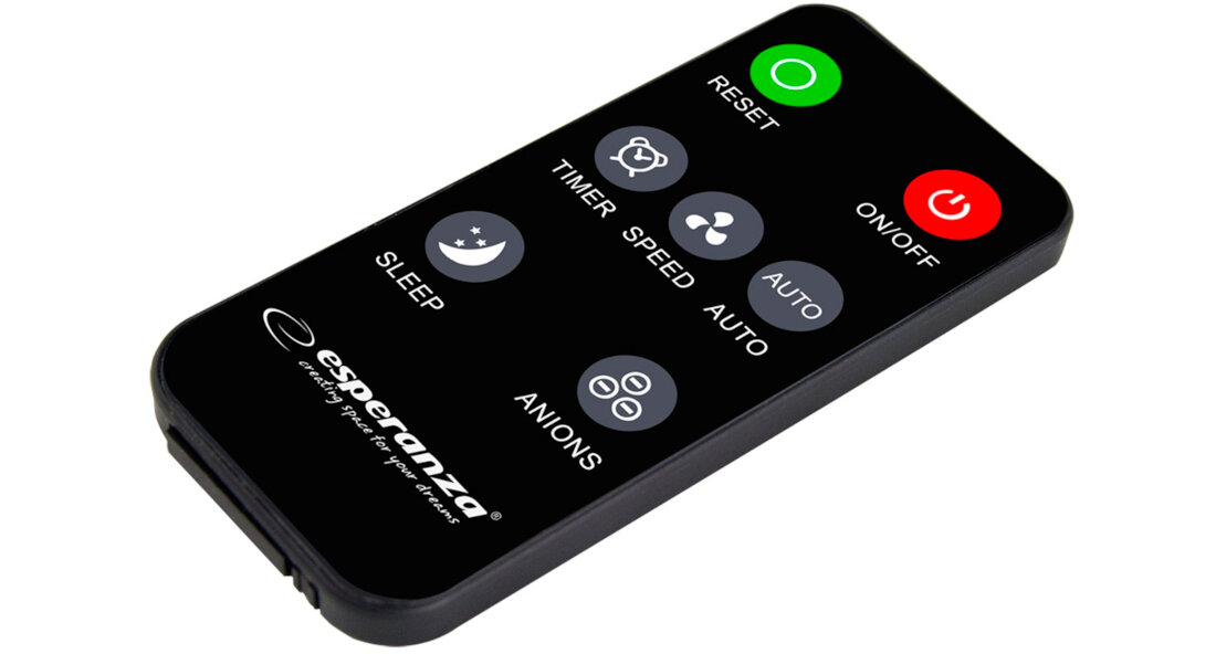 Pilot z czarną obudową posiada przyciski oznaczone jako RESET, ON/OFF, SLEEP, TIMER, SPEED, AUTO, ANIONS. Widoczne jest logo \'esperanza\' oraz napis \'enjoy your life with our devices\'.