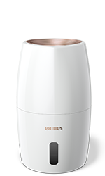 Biały nawilżacz powietrza o cylindrycznym kształcie z widocznym logo PHILIPS i przezroczystym wskaźnikiem poziomu wody.