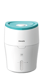 Biały nawilżacz powietrza z turkusowym elementem na górze, z widocznym logo PHILIPS na przedniej części obudowy.