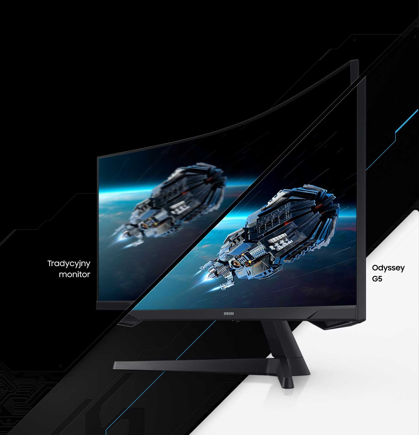 Obraz przedstawia dwa monitory, z których jeden jest oznaczony jako \'Tradycyjny monitor\', a drugi jako \'Odyssey G5\'. Na ekranach widoczny jest statek kosmiczny na tle przestrzeni kosmicznej.