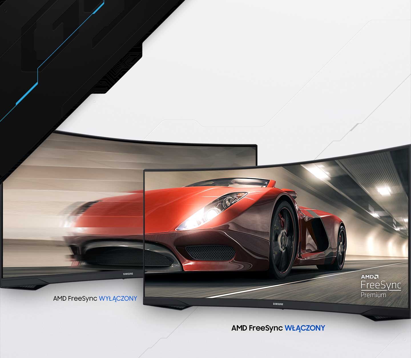 Na obrazie widoczne są dwa zakrzywione monitory, na których wyświetlany jest obraz czerwonego samochodu sportowego w ruchu. Na monitorach znajdują się napisy: \'AMD FreeSync WYŁĄCZONY\' i \'AMD FreeSync Premium WŁĄCZONY\'.