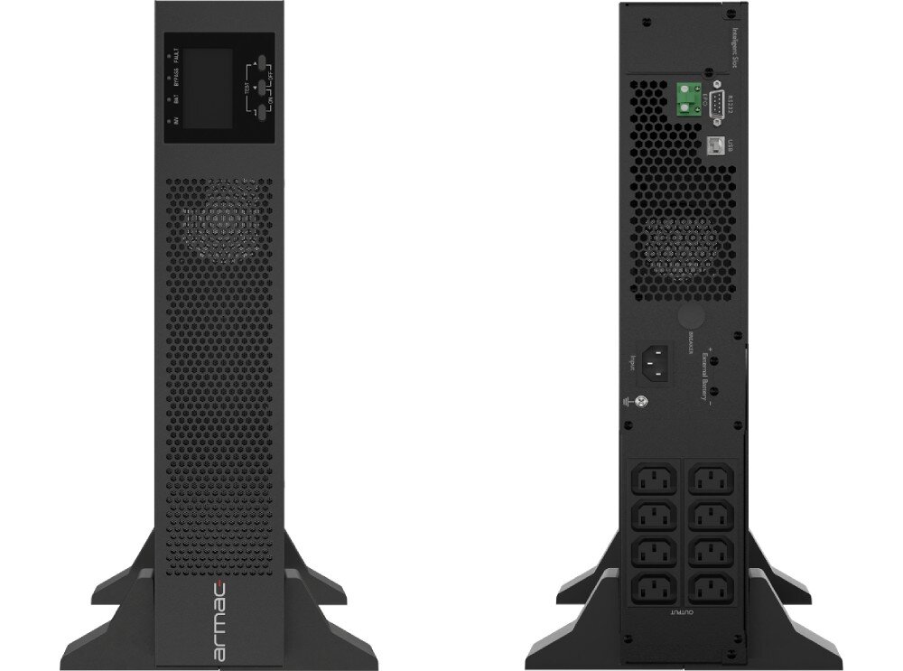 Zasilacz UPS ARMAC Office Rack On-Line PF1 Przedni i tylny panel zasilacza awaryjnego UPS w pozycji pionowej, z widocznym ekranem z przodu oraz gniazdami i wentylatorami z tyłu