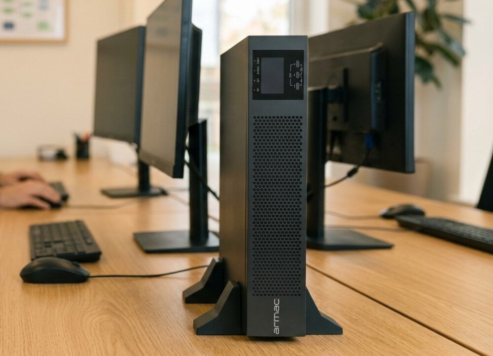 Zasilacz UPS ARMAC Office Rack On-Line PF1 Zasilacz awaryjny UPS stojący pionowo na biurku w przestrzeni biurowej, z monitorami komputerowymi i klawiaturami w tle