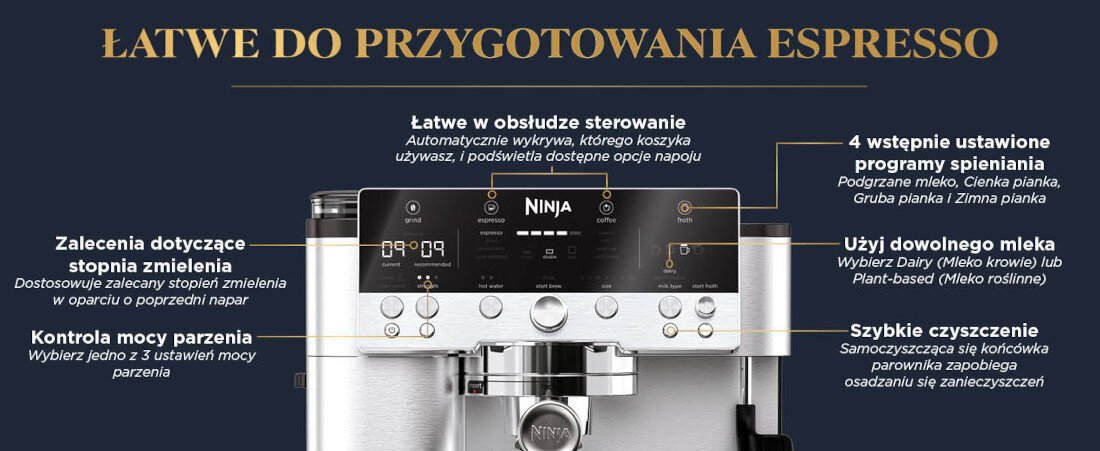 Ekspres NINJA Luxe Café Premier ES601EU Intuicyjna obsługa, szybki efekt Czytelny ekran przejrzysty panel sterowania 7 rozmiarów filiżanek 3 poziomy intensywności kawa od małego espresso po duży kubek na drogę