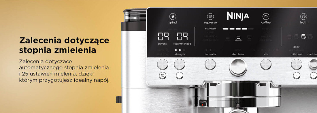 Ekspres NINJA Luxe Café Premier ES601EU Wygoda i personalizacja zapamiętuje Twoje preferencje optymalizuje ustawienia kawa samodzielne dostosowanie grubość mielenia skala precyzja profil smak