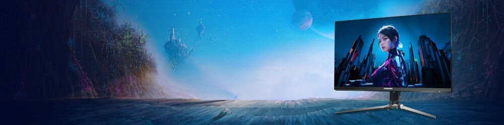 Monitor ACER Predator XB323QK V4 31.5 cala 3840x2160px IPS 160Hz 0.5 ms [GTG] prezentacja monitora na ekranie kobieta z budynkami monitor na tle skał nieba i latających wysp