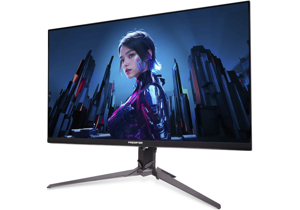 Monitor ACER Predator XB323QK V4 31.5 cala 3840x2160px IPS 160Hz 0.5 ms [GTG] prezentacja monitora od przodu pod kątem na białym tle ZeroFrame cienkie ramki immersja panoramiczny pulpit wypełnienie niemal całego frontu