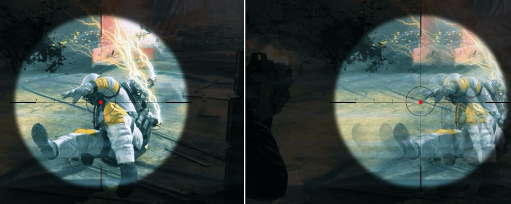 Monitor ACER Nitro XV240YW3BMIIPRX 23.8 cala 1920x1080px IPS 240Hz 0.5 ms [GTG] prezentacja płynności wyświetlania porównanie celownik na grze strzelance 240 Hz do gier płynność obrazu szybkie odświeżanie