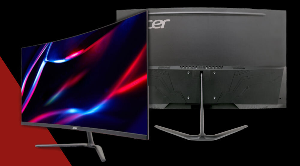 Monitor ACER Nitro ED320QW0BMIIPX 31.5 cala 1920x1080px 240Hz 1 ms [VRB] Curved prezentacja monitora od przodu i tyłu na czarnym tle czerwony pasek po lewej stronie