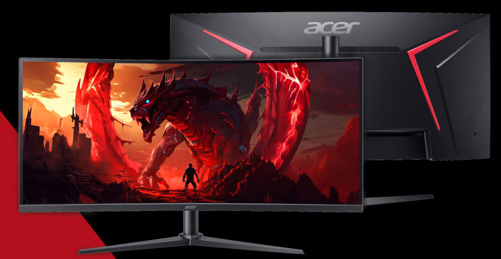 Monitor ACER Nitro XZ340CURJ0BMIIPHX 34 cali 3440x1440px 120Hz 1 ms [VRB] Curved prezentacja monitora od przodu i tyłu na czarnym tle czerwony pasek po lewej stronie