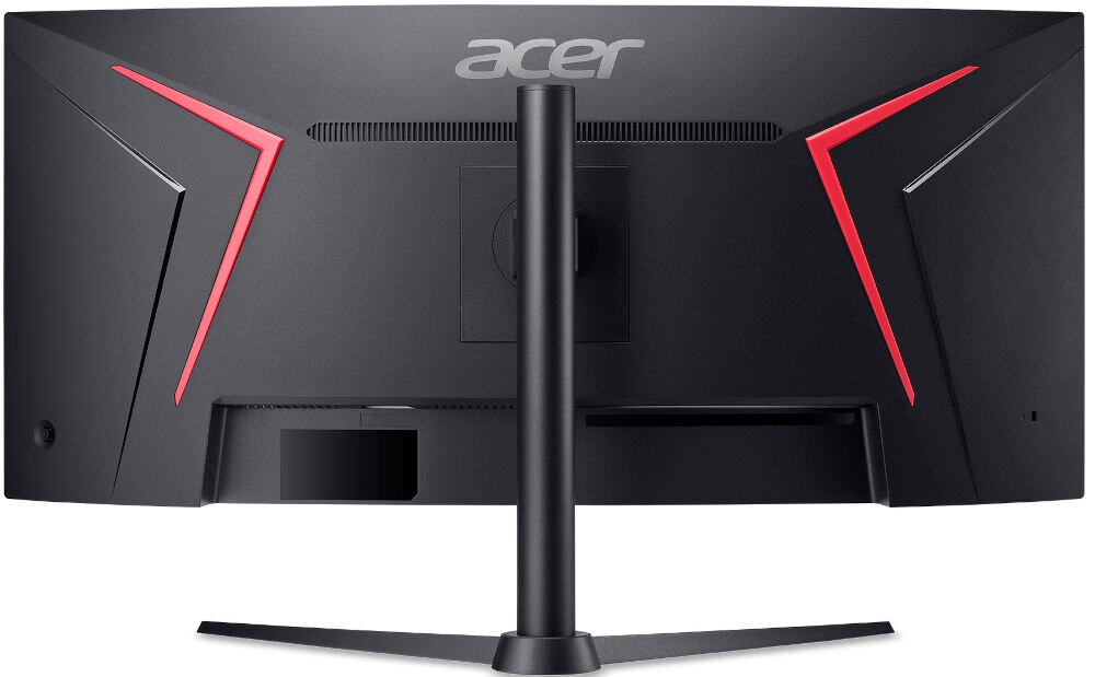 Monitor ACER Nitro XZ340CURJ0BMIIPHX 34 cali 3440x1440px 120Hz 1 ms [VRB] Curved prezentacja monitora od tyłu na białym tle VESA 100 mm łatwe stabilne przymocowanie oszczędność miejsca uchwyt biurkowy VESA zwiększa powierzchnię roboczą dopasowanie ustawienia ekranu organizacja pracy