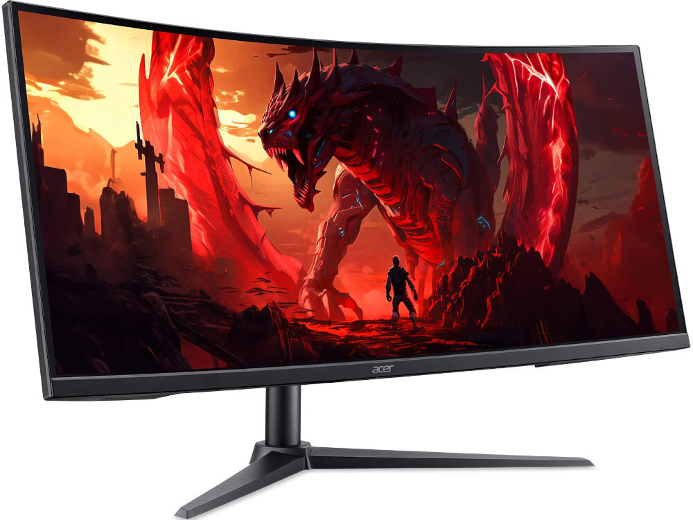Monitor ACER Nitro XZ340CURJ0BMIIPHX 34 cali 3440x1440px 120Hz 1 ms [VRB] Curved prezentacja monitora od przodu pod kątem na białym tle ZeroFrame cienkie ramki immersja panoramiczny pulpit wypełnienie niemal całego frontu