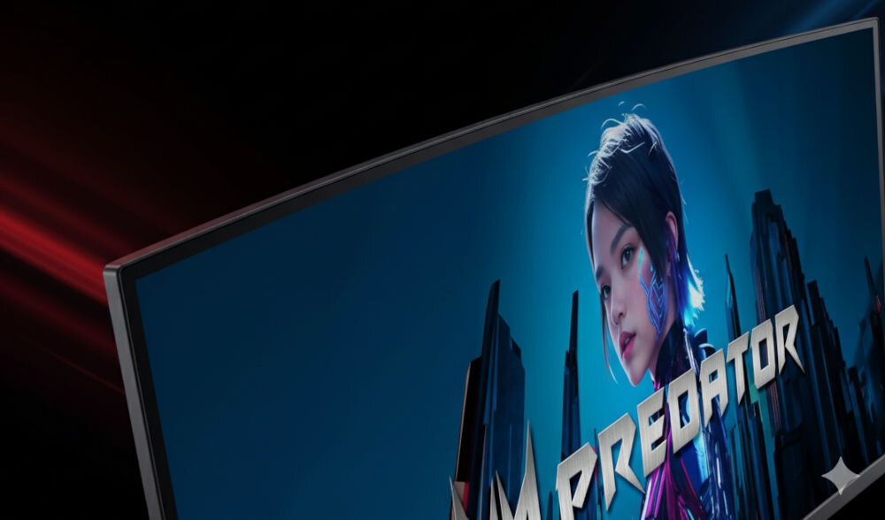 Monitor ACER Predator X27UF5BMIIPPRUZX 26.5 cala 2560x1440px OLED 500Hz 0.03 ms [GTG] zbliżenie na cienkie ramki monitora na ciemnym tle z poświatą świetlną ZeroFrame cienkie ramki immersja panoramiczny pulpit wypełnienie niemal całego frontu