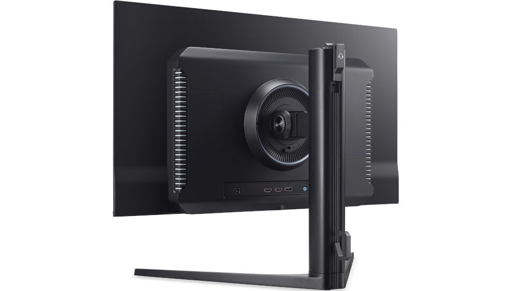 Monitor ACER Predator X27X1BMIIPPRUZX 27 cali 3840x2160px OLED 240Hz 0.03 ms [GTG] prezentacja monitora od tyłu pod kątem na białym tle różne urządzenia wygoda elastyczność