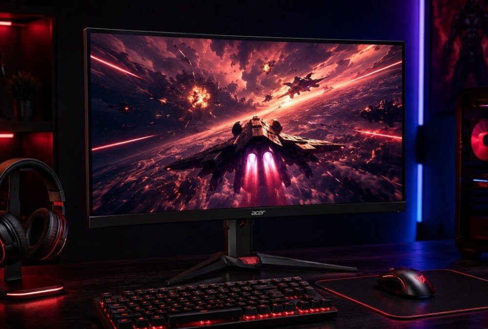 Monitor ACER Nitro XV270W3BMIIPRX Zdjęcie monitora na biurku z klawiaturą, myszką i słuchawkami Na ekranie widać kosmiczną bitwę z wieloma statkami