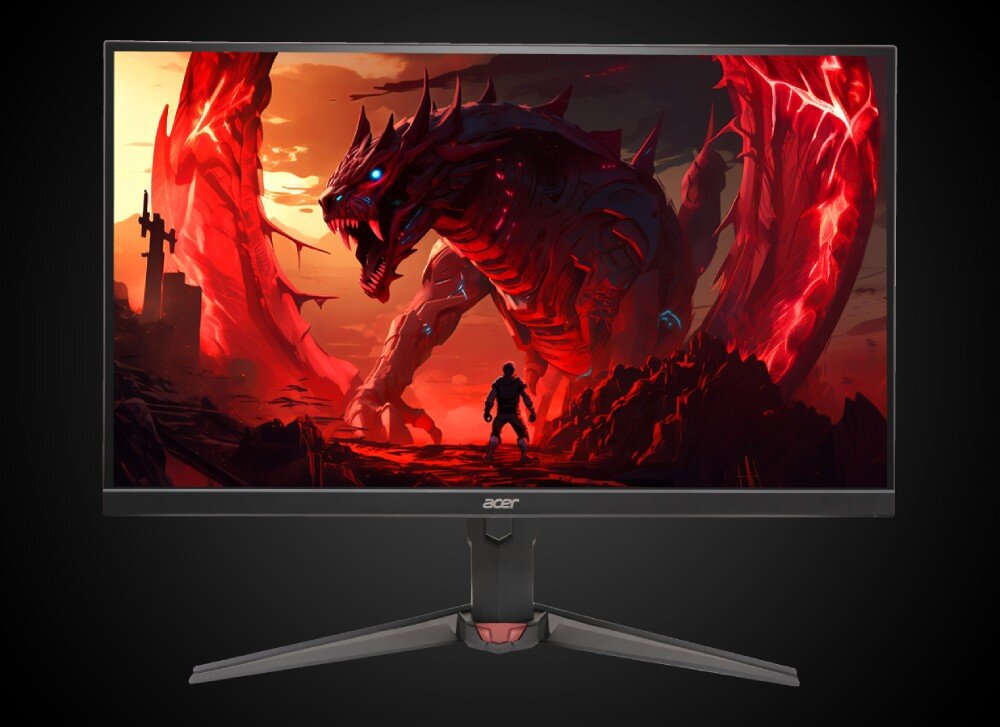 Monitor ACER Nitro XV270W3BMIIPRX Wprost ustawiony monitor na ciemnym tle Na ekranie widać grafikę z czerwoną mechaniczną bestią i małym człowiekiem przed nią