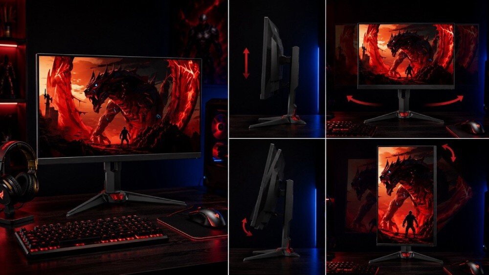 Monitor ACER Nitro XV270W3BMIIPRX Zestawienie pięciu zdjęć monitora na jednym obrazie Pokazuje monitor w różnych ustawieniach: pionowo, poziomo i z boku