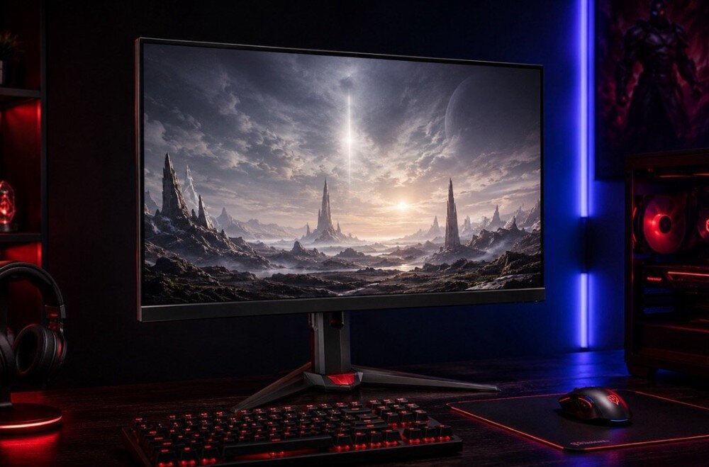 Monitor ACER Nitro XV270W3BMIIPRX Zdjęcie monitora na biurku z klawiaturą i myszką Na ekranie widać fantastyczny krajobraz z wieloma strzelistymi skałami