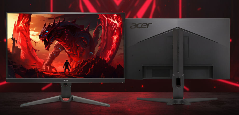 Monitor ACER Nitro XV272UX1BMIIPRX 27 cali 2560x1440px IPS 200Hz 0.5 ms [GTG] prezentacja monitora od tyłu i przodu na ciemnym blacie czarno-czerwone tło z ledami Acer HDR400 przewaga w dostrzeganiu szczegółów jasne i wyraźne światła