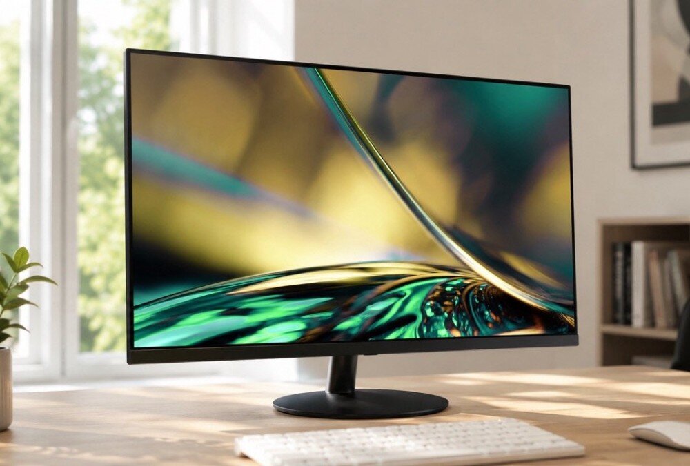 Monitor ACER SA272UP1BMIPX Monitor komputerowy wyświetla abstrakcyjną tapetę na ekranie i stoi na biurku z klawiaturą, myszką i rośliną doniczkową
