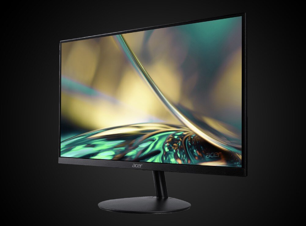 Monitor ACER SA272UP1BMIPX Monitor komputerowy skierowany jest w prawo pod kątem na czarnym tle i wyświetla abstrakcyjną tapetę