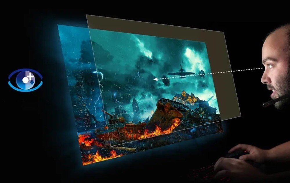 Monitor ACER SA272UP1BMIPX Mężczyzna w okularach patrzy na ekran z bitwą, a przed ekranem jest przyciemniony filtr, z symbolem oka i strzałką skierowaną na filtr i na ekran