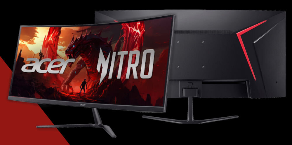 Monitor ACER Nitro ED340CUJ0BMIIPX 34 cale 3440x1440px 120Hz 1 [VRB] Curved prezentacja monitora od przodu i tyłu na czarnym tle czerwony pasek po lewej stronie na dole