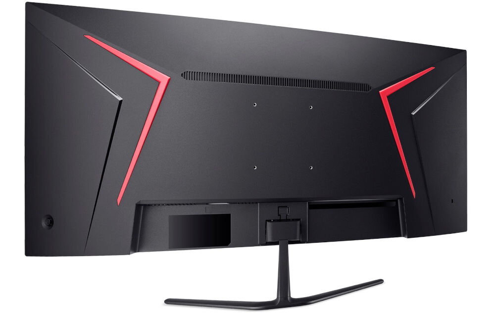 Monitor ACER Nitro ED340CUJ0BMIIPX 34 cale 3440x1440px 120Hz 1 [VRB] Curved prezentacja monitora od tyłu pod kątem na białym tle różne urządzenia wygoda elastyczność