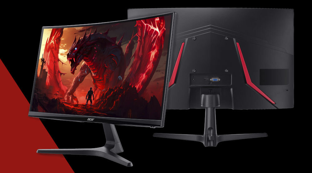 Monitor ACER Nitro ED240Q P0 23.6 cala 1920x1080px 144Hz 1 ms [VRB] Curved prezentacja monitora od przodu i tyłu na czarnym tle czerwony pasek po lewej stronie