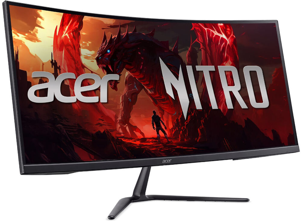 Monitor ACER Nitro ED340CURW0BMIIPX 34 cale 3440x1440px 240Hz 1 ms [VRB] Curved prezentacja monitora na białym tle od przodu pod kątem elegancki design stabilność podstawa stabilność