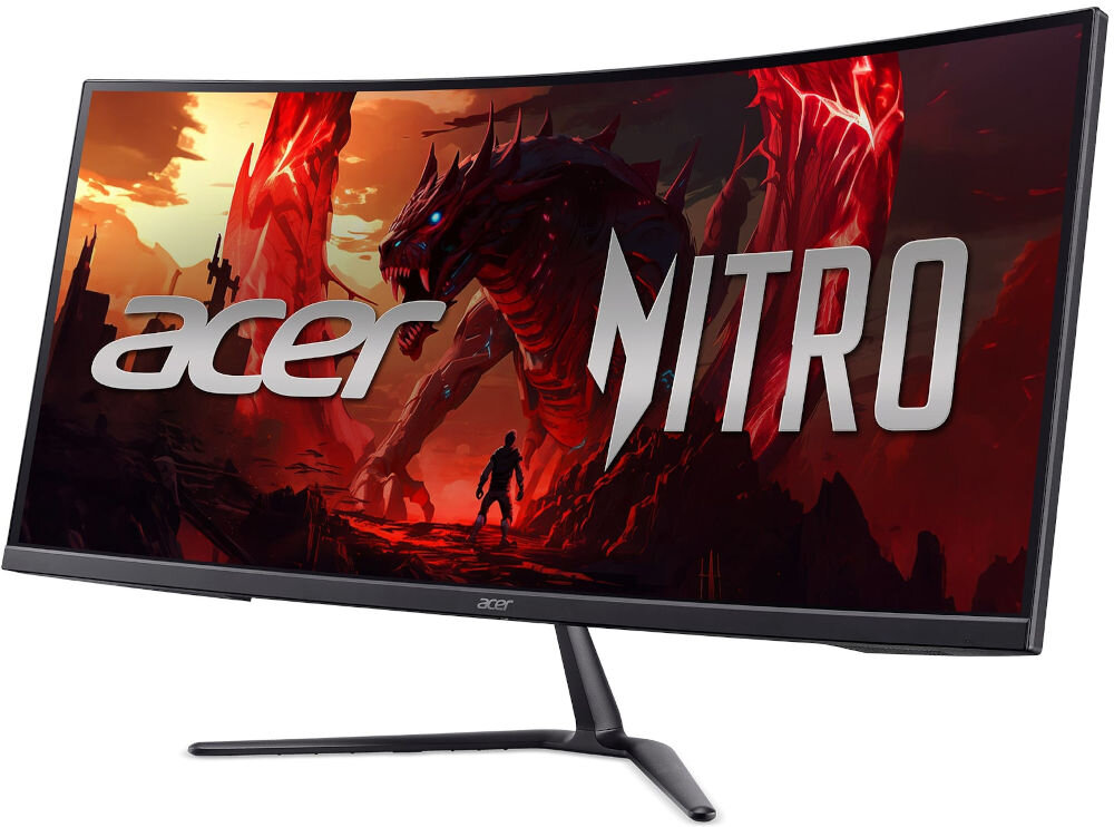Monitor ACER Nitro ED340CURW0BMIIPX 34 cale 3440x1440px 240Hz 1 ms [VRB] Curved prezentacja monitora od przodu pod kątem na białym tle ZeroFrame cienkie ramki immersja panoramiczny pulpit wypełnienie niemal całego frontu