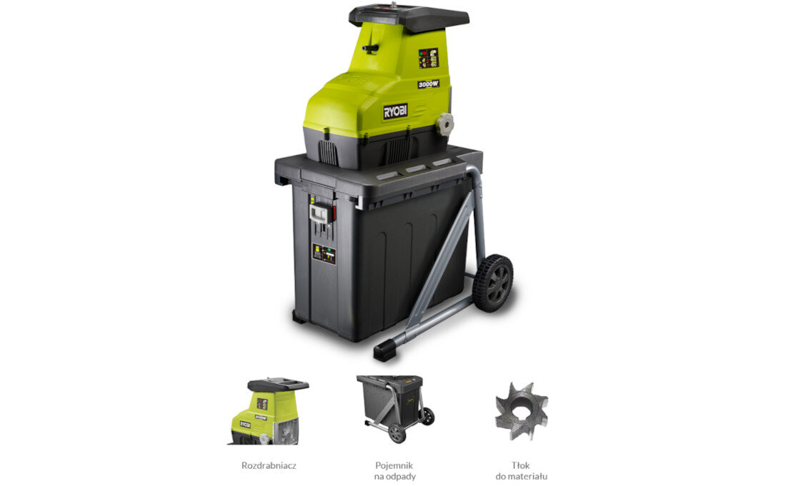 Na obrazie widoczny jest elektryczny rozdrabniacz do gałęzi w kolorze zielono-czarnym z logo \'RYOBI\'. Poniżej znajdują się trzy mniejsze zdjęcia przedstawiające rozdrabniacz, pojemnik na odpady oraz tłok do materiału.